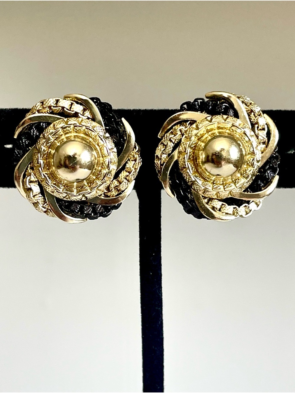 Vintage 1950s Signed West Germany Black & Gold Knot Clip Earrings Round Domed
